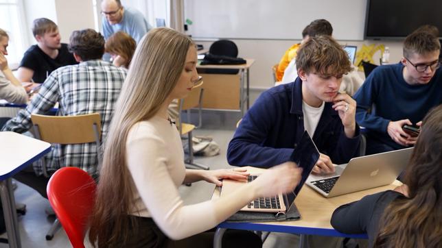 In einer Klasse sitzen Schülerinnen und Schüler an ihren Laptops.