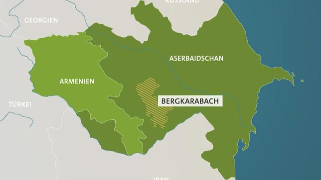 Landkarte, in der Armenien, Aserbaidschan und Bergkarabach eingezeichnet ist.