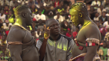 zwei Ringer stehen sich vor dem Kampf gegenüber im Stadion von Dakar