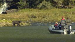Schlauchboot mit mehreren Personen auf dem See, am Ufer ein Grizzly