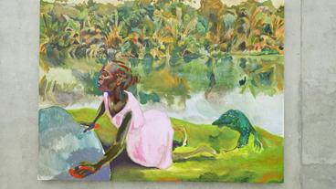Ein Gemälde von einem Mädchen, dass am Ufer eines Flusses sitzt.