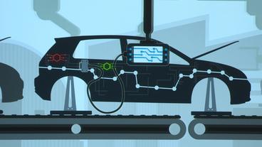Computergrafik des Teils des Herstellungsprozesses eines Automobils.