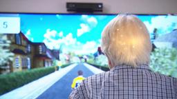 Ein weihaariger Mann sitzt vor einem Bildschirm und spielt ein Computerspiel. Von dem Mann ist nur der Hinterkopf zu sehen.