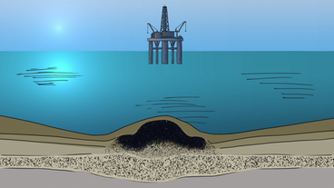 Grafik mit einem Erdölförderturm und Erdöl am Meeresboden.