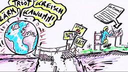 Cartoon: Mann wendet sich von lauter Welt ab und schreibt.