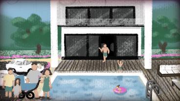 Bild: SWR Zeichung: Haus mit Pool und Menschen.