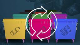 Grafik mit bunten Mllcontainern, in denen verschiedene Plastik-Fraktionen gesammelt werden, darber Kreislauf-Symbol