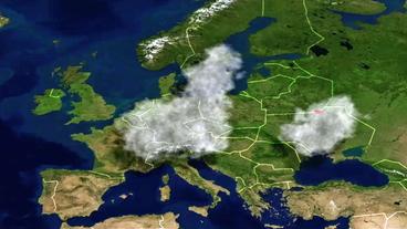Karte von Europa mit einer Wolke, die die Verbreitung der radioaktiven Artikel darstellt