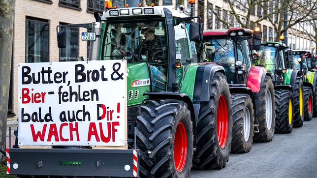 Zahlreiche Traktoren stehen in der Bremer Überseestadt bei einer Demonstration von Bauern.