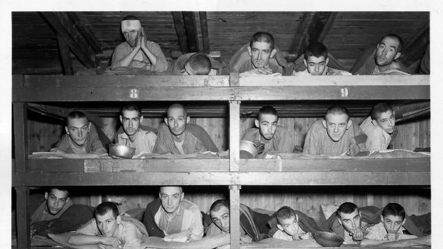 15. April 45: Befreite Häftlinge auf ihren Pritschen in einer Baracke des Kleinen Lagers.