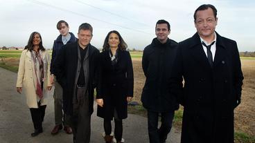 Bild: BR/Christian Schulz Von links: Dr. Cornelia Ackers (PB Spiel-Film-Serie, Bayerischer Rundfunk), Daniel Sträßer (Rolle: Jan Hoffer), Justus von Dohnányi (Rolle: Peter Michael Brauer), Barbara Auer (Rolle: Constanze Hermann), Christian Petzold (Drehbuch und Regie) und Matthias Brandt (Rolle: Hanns von Meuffels).