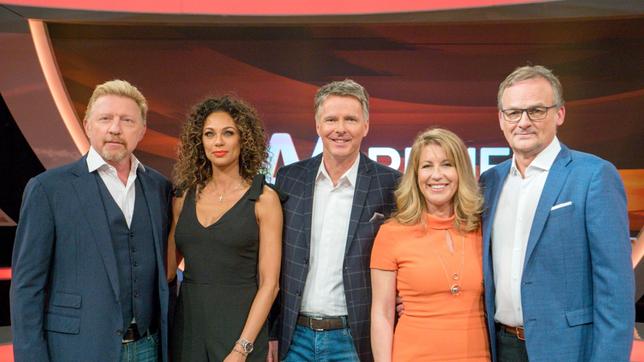 Bild: ARD/Max Kohr Beim "Paarduell" mit Moderator Jörg Pilawa, treten Anne Gesthuysen und Frank Plasberg gegen Lilly und Boris Becker an.
