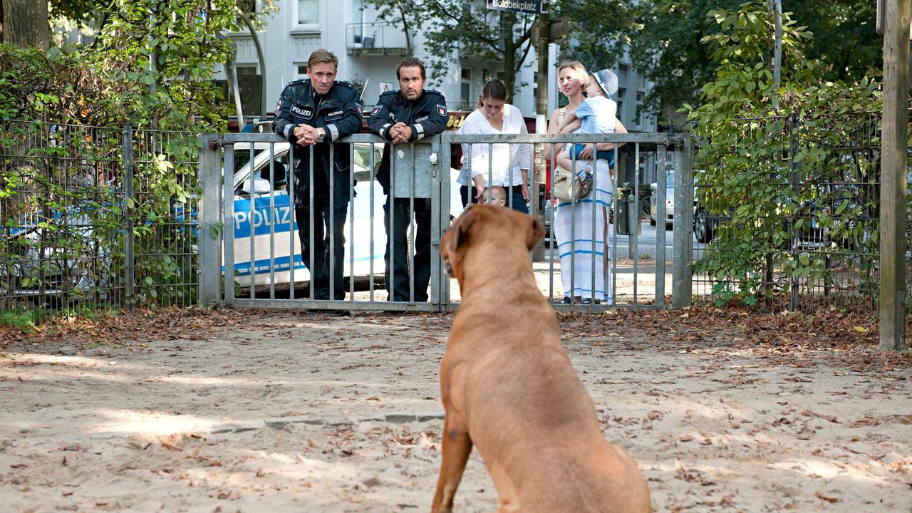 Piet Wellbrook (Peter Fieseler) und Paul Dänning (Jens Münchow) haben es mit einem streunenden Wachhund auf dem Spielplatz zu tun. Mütter (Komparsen) ängstigen sich um ihre Kinder.
