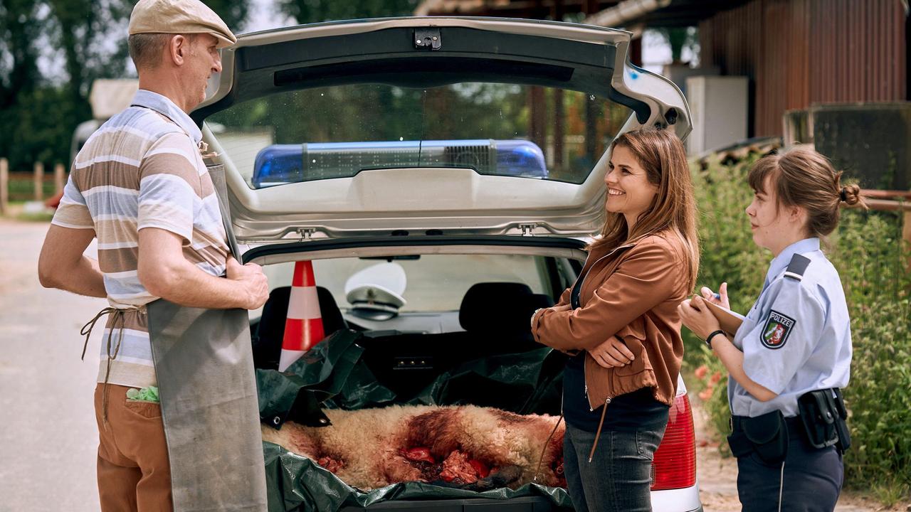 Marie Gabler (Katharina Wackernagel) und Jenny Dickel (Eva Bühnen) lassen sich von Tierarzt Dr. Kraft (Michael Schäfer) darüber aufklären, ob ein Wolf die Schafe gerissen haben könnte ...