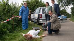 Strahl (Christoph Tomanek), Nina (Julia Schäfle), Finn (Sven Martinek) und Lars (Ingo Naujoks) untersuchen den Unfall, bei dem die 18-jährige Karoline Hafemann ums Leben gekommen ist.