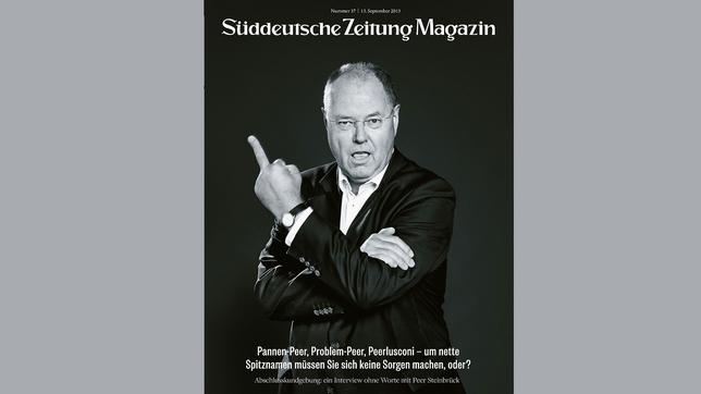 SPD-Kanzlerkandidat Peer Steinbrück mit getrecktem Mittelfinger auf dem Titel des SZ-Magazins.