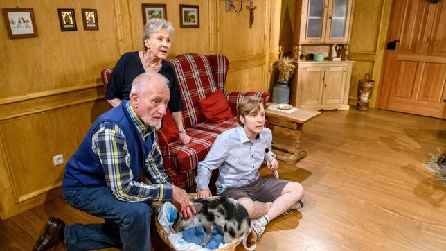 Bild: ARD/Christof Arnold Gerry (Johannes Huth) wartet mit Alfons (Sepp Schauer, vorne), Hildegard (Antje Hagen, hinten) und Schweinchen Chantal sehnsüchtig auf sein Idol Dexter Torrence.