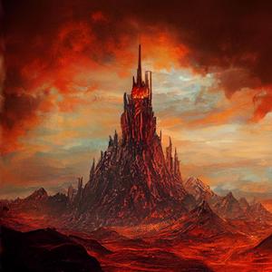 Ein Berg mit einer Festung, in deren Mitte es orange leuchtet - der Herr der Ringe - der Podcast