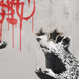Banksy Graffiti Party Ratte zur Folge "Exit through the giftshop" zur Ausstellung in Bristol und den Dokumentarfilm des Künstlers