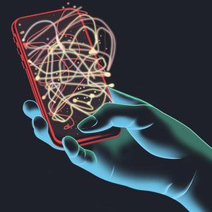 Rechte Hand hält rotes Handy aus dem gelbe Linien in einem Netzwerk austreten vor dunklem Hintergrund