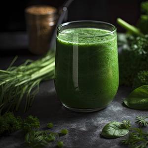 Entgiftender grüner Smootie auf einem Tablett mit Gemüse