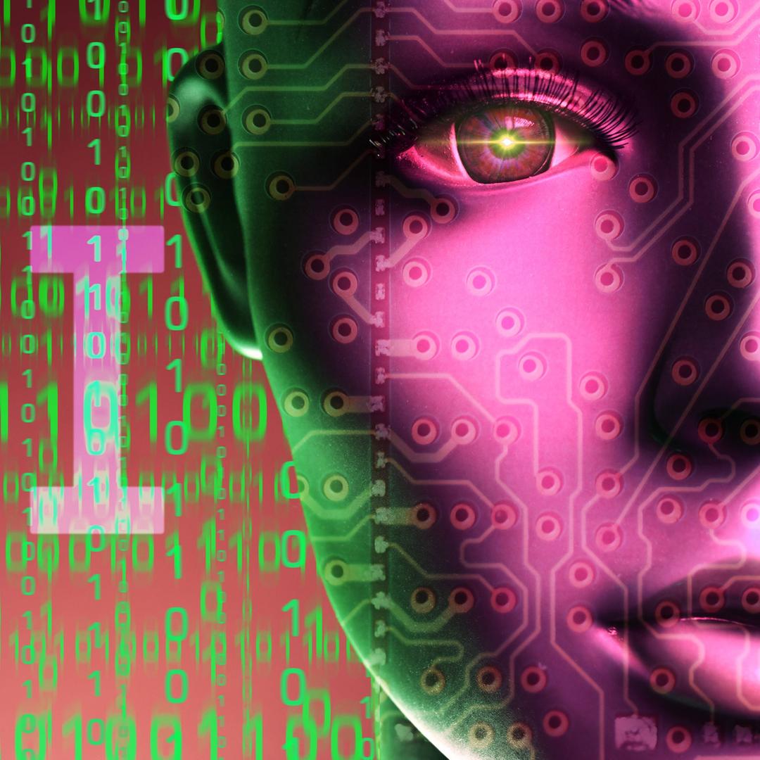 Künstliche Frauenfigur mit Computercode und Aufschrift AI, Symbolfoto künstliche Intelligenz