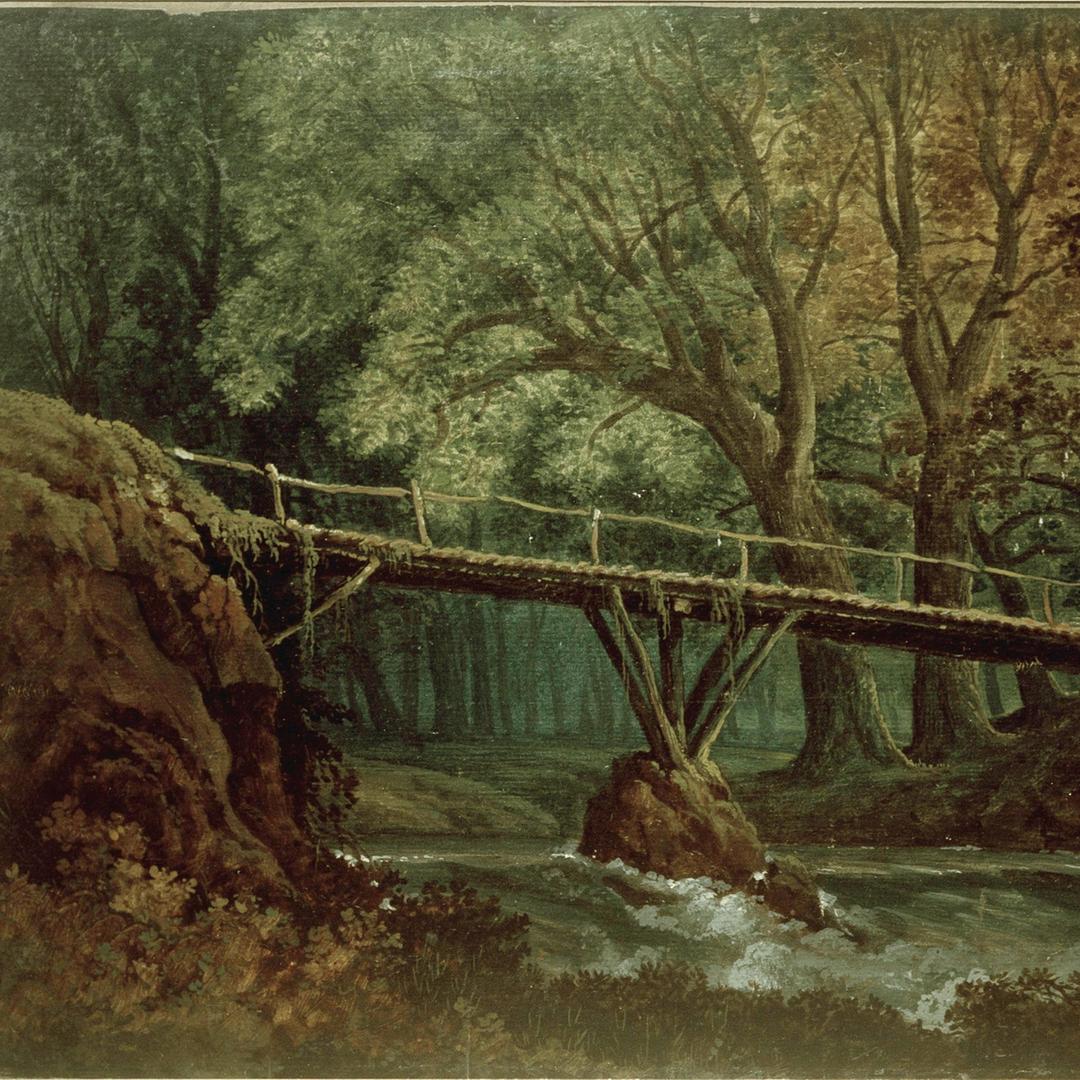 Gemälde: "Dichter Wald mit Brücke über einen Bach" von Karl Friedrich Schinkel (1781-1841) / Entwurf zu einer Dekoration zu "Undine"
