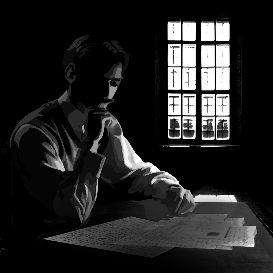 Franz Kafka sitzt über ein Tagebuch vertieft in einem dunklen Zimmer