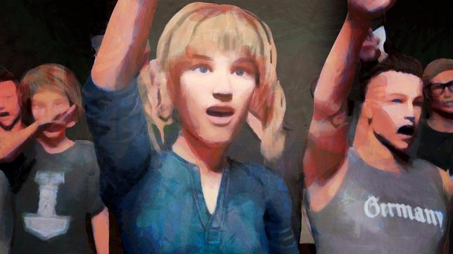 Bild: SWR/brave new work/Little Dream Die jugendliche Elsa steht in einer Gruppe von Menschen, alle haben ihren rechten Arm zum Hitlergruß gehoben.