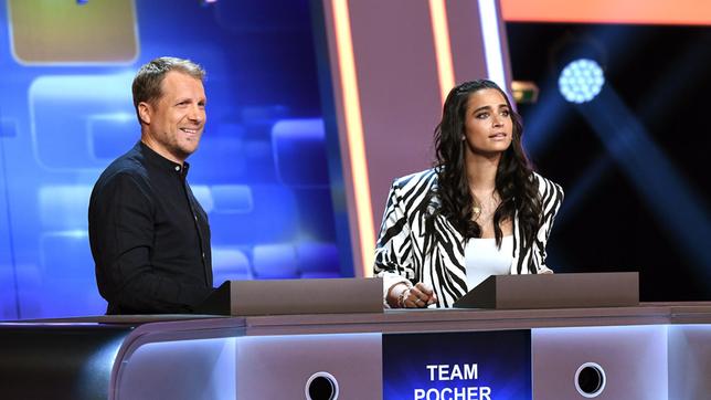 Bild: ARD/Uwe Ernst Die Kandidat:innen des Teams "Pocher": Der Entertainer Oliver Pocher und die Moderatorin Amira Pocher,