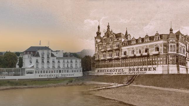 Das Rheinhotel Dreesen im Spätsommer 2021, gesehen von der gegenüberliegenden Rheinseite.