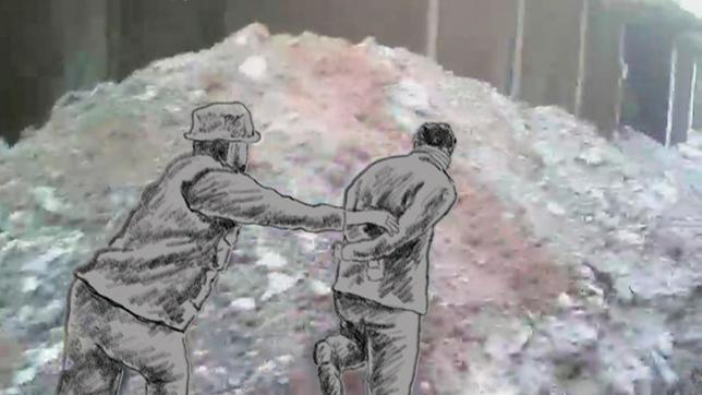 Nachbearbeitete Szene aus einem Video, das eine Massenerschießung am 16.04.2013 im Stadtteil Tadamon in Damaskus/Syrien dokumentiert.