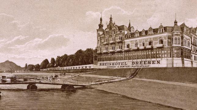 Bild: WDR/Familie Dreesen privat Postkarte mit dem Rheinhotel Dreesen an der Godesberger Rheinufer-Promenade, etwa Wende zum 20. Jahrhundert.