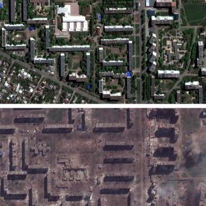 Diese von Maxar Technologies zur Verfügung gestellten Fotos zeigen eine Schule (Mitte l) und Wohnblöcke in Bachmut (oben, aufgenommen am 08. Mai 2022) und nach der Zerstörung (unten, aufgenommen am 15. Mai 2023)