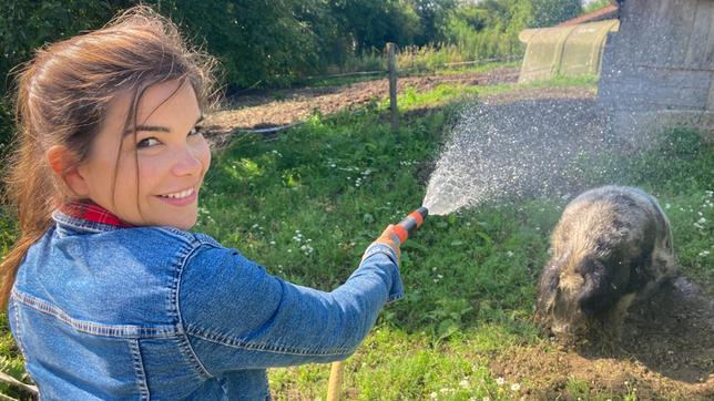 Sau Betti braucht an heißen Tagen eine kalte Dusche. Anna ist nur allzu gerne behilflich.