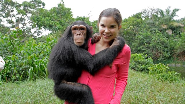 Bild: BR Der junge Schimpansen-Waise freut sich über die Zuwendung von Tierreporterin Anna.