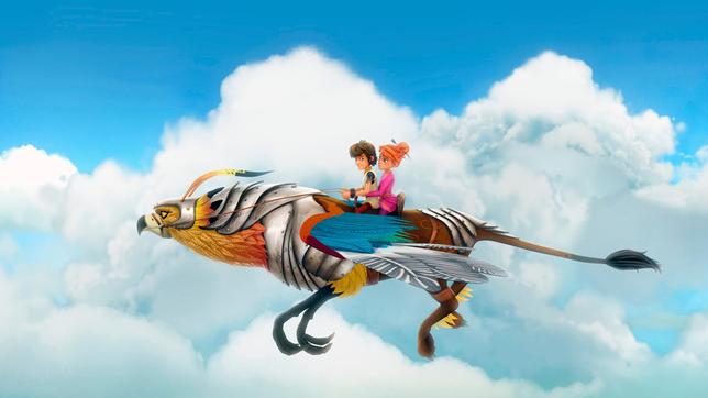 Bild: SWR/Blue Spirit Productions Arthur und Guinevere unternehmen eine Spritztour auf einem königlichen Greifen.