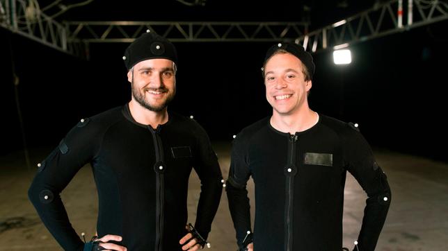 Bild: BR/megaherz gmbh Checker Tobi (rechts) mit Student Thomas Sali am Animationsinstitut der Filmakademie Baden-Württemberg im Motion Capturing Studio