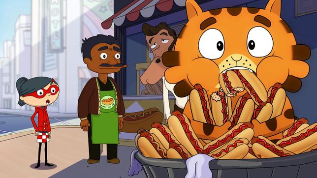 Bild: WDR/Cyber Group Studios Darf's einer mehr sein? Jean Cat bei der Hotdog-"Recherche"