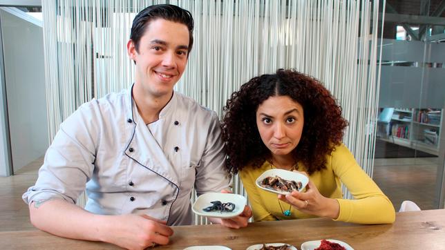 Bild: WDR/tvision Siham mit Profikoch René. Sie kochen und probieren Gerichte mit Insekten, Quallen, Algen und Co – das Essen der Zukunft.