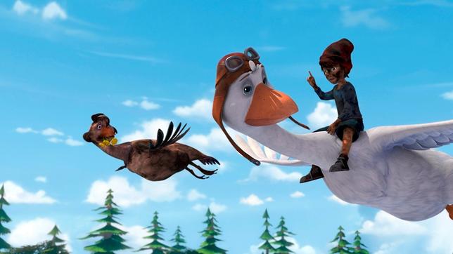 Bild: BR/2016 Studio 100 Animation/Studio 100 NV Nils und Martin fliegen mit Goldauge zu einer heißen Quelle, damit sie sich dort baden kann.