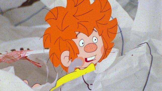 Bild: BR/Infafilm GmbH/Original-Entwurf "Pumuckl"-Figur: Barbara von Johnson Der Pumuckl geht in die Schule. Als er in einen Papierkorb hüpft, bleibt er an einem Kaugummi kleben und wird sichtbar.