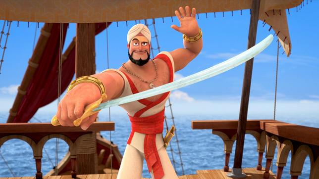 Bild: rbb/Hahn Film AG/Chocolate Liberation Front Pty Ltd/Toonz Entertainment Pte Ltd Alle Segel sind gesetzt, um auf der Wak-Wak Insel den Baum des Lebens zu finden. Aber Dunyazad hat einen Geister- Fluch auf Sindbads Schiff gelegt. - Sindbad ist von seinen Kampfkünsten sehr überzeugt.