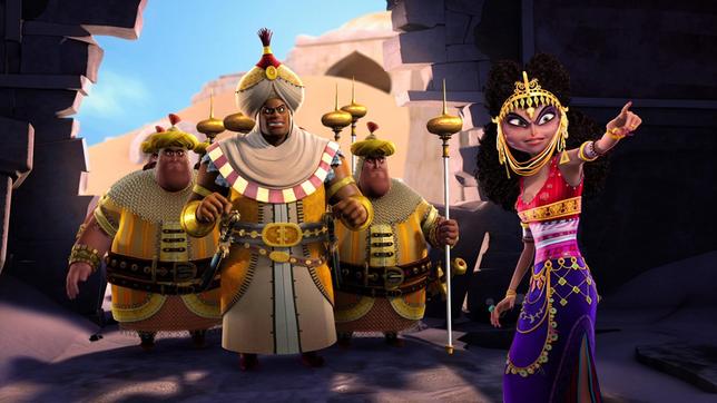 Bild: rbb/Hahn Film AG/Chocolate Liberation Front Pty Ltd/Toonz Entertainment Pte Ltd Als ärmliche Frau verkleidet fängt Dunyazad Sherazade und ihre Freunde auf dem Weg zum Verlorenen Tempel ab. Sie behauptet vor dem tyrannischen Regime Shazamans geflohen zu sein. - Dunyazad und die Palastwache stürmen das geheime Versteckt unserer Helden.