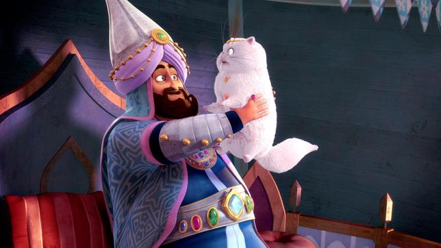 Bild: rbb/Hahn Film AG/Chocolate Liberation Front Pty Ltd/Toonz Entertainment Pte Ltd Bevor Sherazade und Karim noch mit Sindbad, dem Seefahrer lossegeln können, kollidiert Sultan Yunans Jacht mit Sindbads Schiff. Sindbad wird für das Verschwinden der Katze des Sultans verantwortlich gemacht und verhaftet. - Sultan Yunan und seine Katze Couscous sind wieder glücklich vereint.