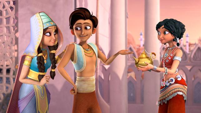 Bild: rbb/Hahn Film AG/Chocolate Liberation Front Pty Ltd/Toonz Entertainment Pte Ltd Sherazade, Aladin und Prinzessin Jinan ist es erstmal gelungen, Dunyazad die Wunderlampe zu entwenden