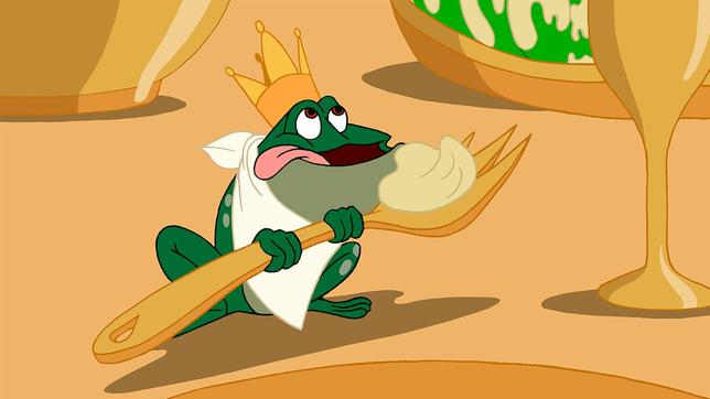Der Froschkönig isst vom goldenen Teller der Prinzessin.