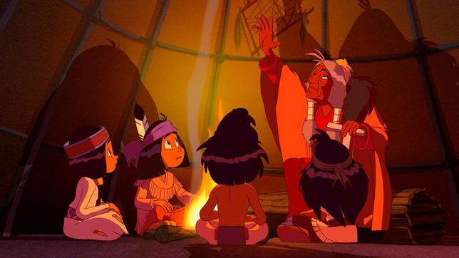 Bild: WDR/Ellipsanime Productions/Belvision Der alte indianer Stiller Fels erzählt den Kindern (v.l.n.r. Regenbogen, Yakari, Kleiner Dachs, Wirbelwind) die Geschichte vom Feuerriesen.