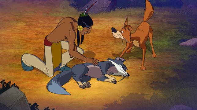 Bild: WDR/Ellipsanime Productions/Belvision Fuchs Silberfell stellt sich tot vor Jäger Stolze Wolke und Hund Knickohr.