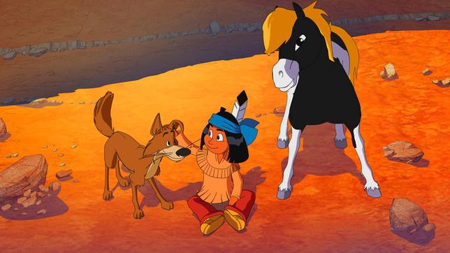 Bild: WDR/Ellipsanime Productions/Belvision Hund Knickohr, Yakari (M) und sein Pony Kleiner Donner.